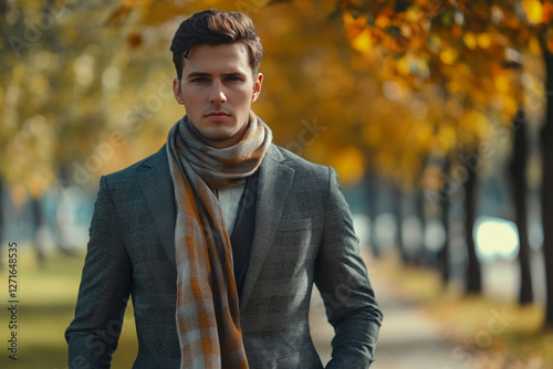 Man in suit with scarf walks in autumn park photo