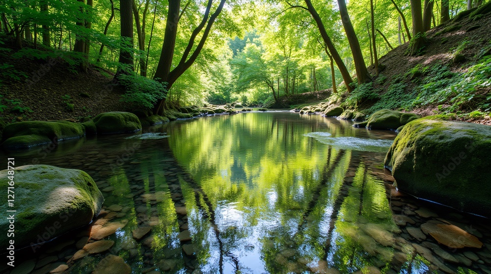 Obraz premium Serene forest stream reflecting lush greenery, sunlight dappling the tranquil waters. Mossy rocks line the banks, creating a peaceful scene.