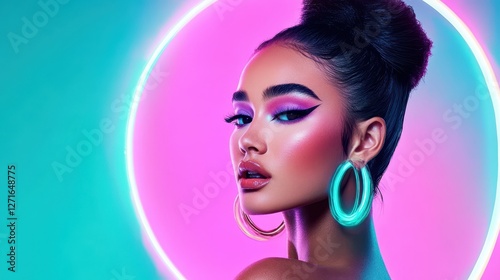 Beauty in Neon: A striking young woman with expertly applied makeup radiates confidence. Her gaze is captivating, enhanced by vibrant neon accents that frame her face in a mesmerizing glow.