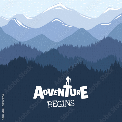 Adventure begins logo with climber reaching mountain peak on square banner. Stunning landscape with rugged foggy cliffs and bright sky. Perfect for travel success, hiking and outdoor lifestyle themes.