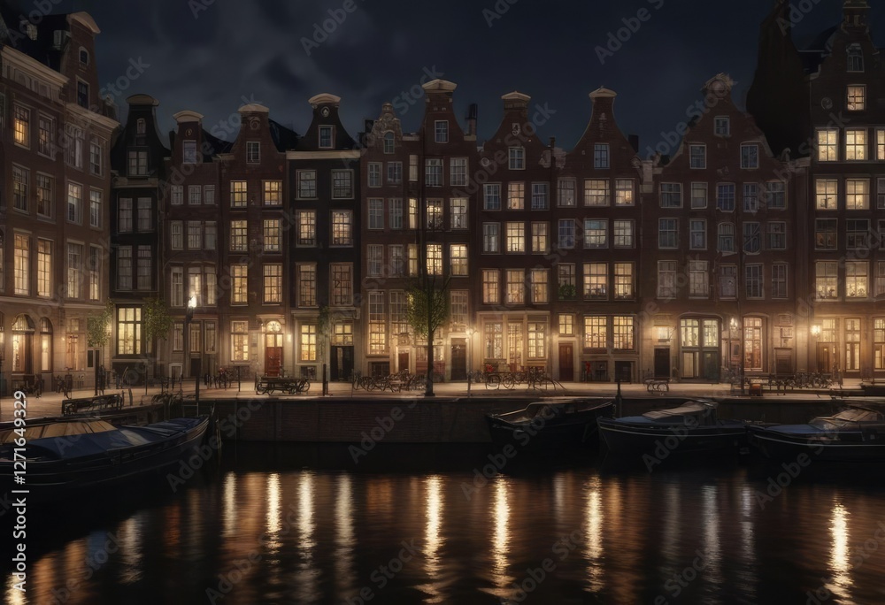 Fototapeta premium Tall buildings and grand facades of old Amsterdam canal houses illuminated by streetlights, architecture, nighttime scene
