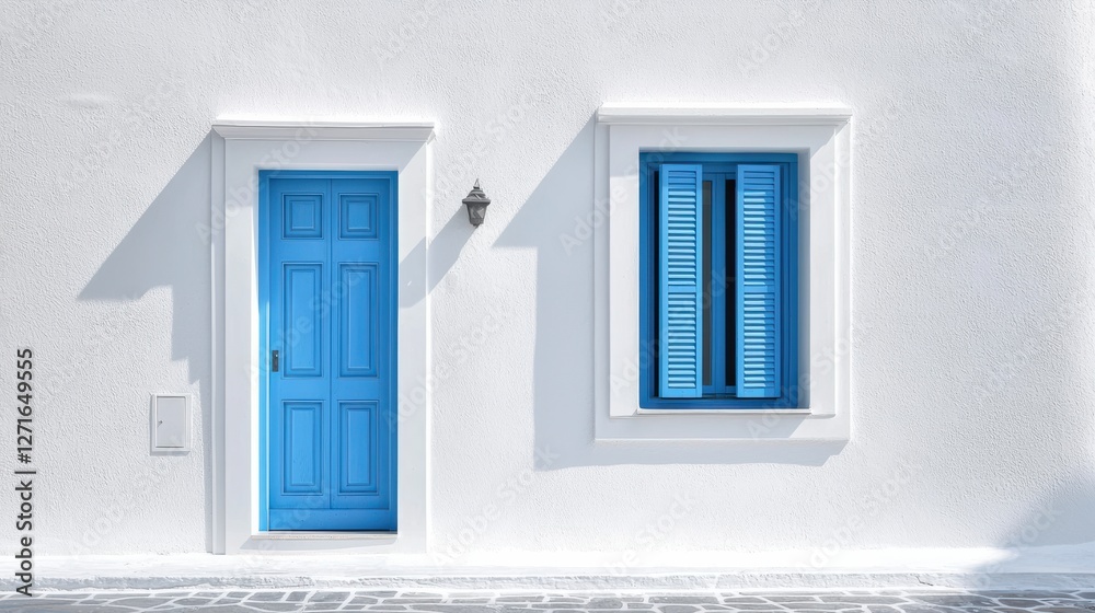 Fototapeta premium Embrace the serenity of a traditional greek home santorini photography coastal front view whitewashed charm