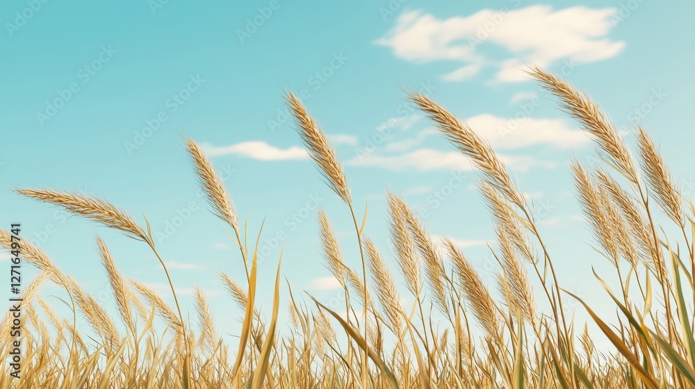 Golden Wheat Grains Swaying Gently Under a Clear Blue Sky with Soft Fluffy Clouds in the Background Golden Wheat Grains Swaying Gently Under a Clear Blue Sky with Soft Fluffy Clouds in the Background