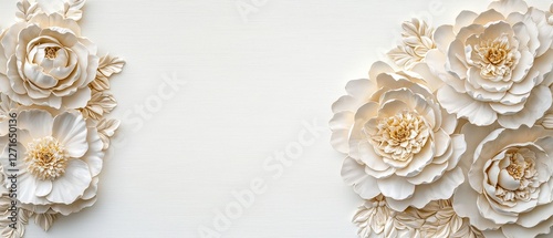 Fototapeta Naklejka Na Ścianę i Meble -  Gilded botanical elements gracefully embellishing sculpted peonies on a bright white canvas refined luxury aesthetic ultra-HD