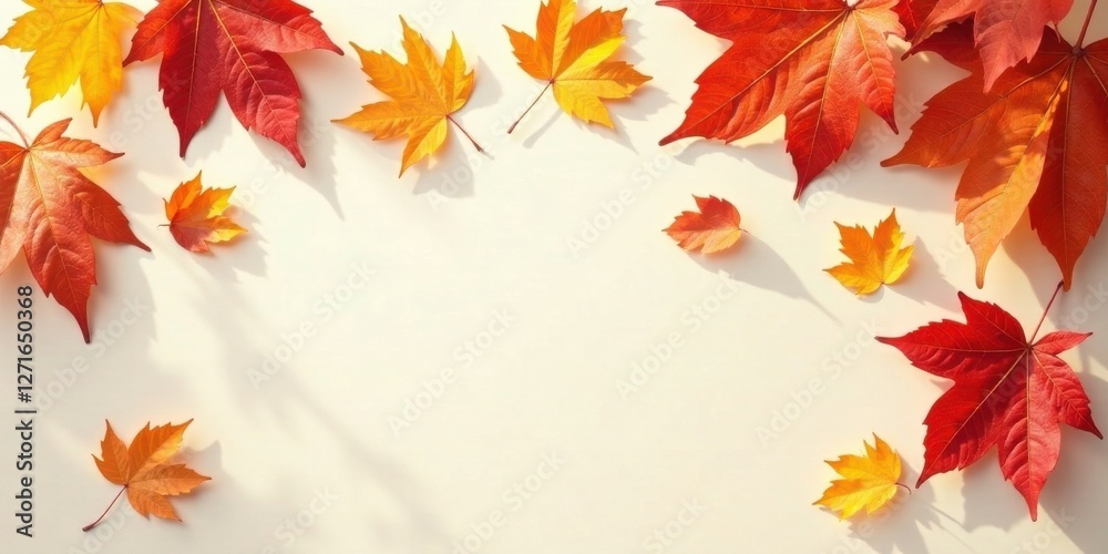 Fototapeta premium Autumnal Leaves Arranged on a Light Beige Background, Creating a Festive and Seasonal Design