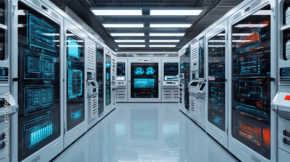 Fototapeta premium Futuristic Data Center with High-Tech Server Racks and Digital Displays in a Modern Network Environment