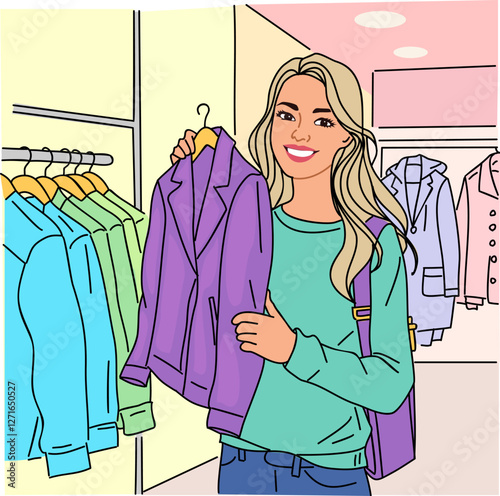 Young woman is shopping for clothes in a store. She is holding a purple jacket and smiling. The store is filled with many clothes, and the woman is looking at the racks
