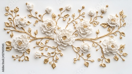 Fototapeta Naklejka Na Ścianę i Meble -  Ornate golden vines and buds accentuate stucco peonies on a crisp white background timeless elegance intricate detail ultra-realistic