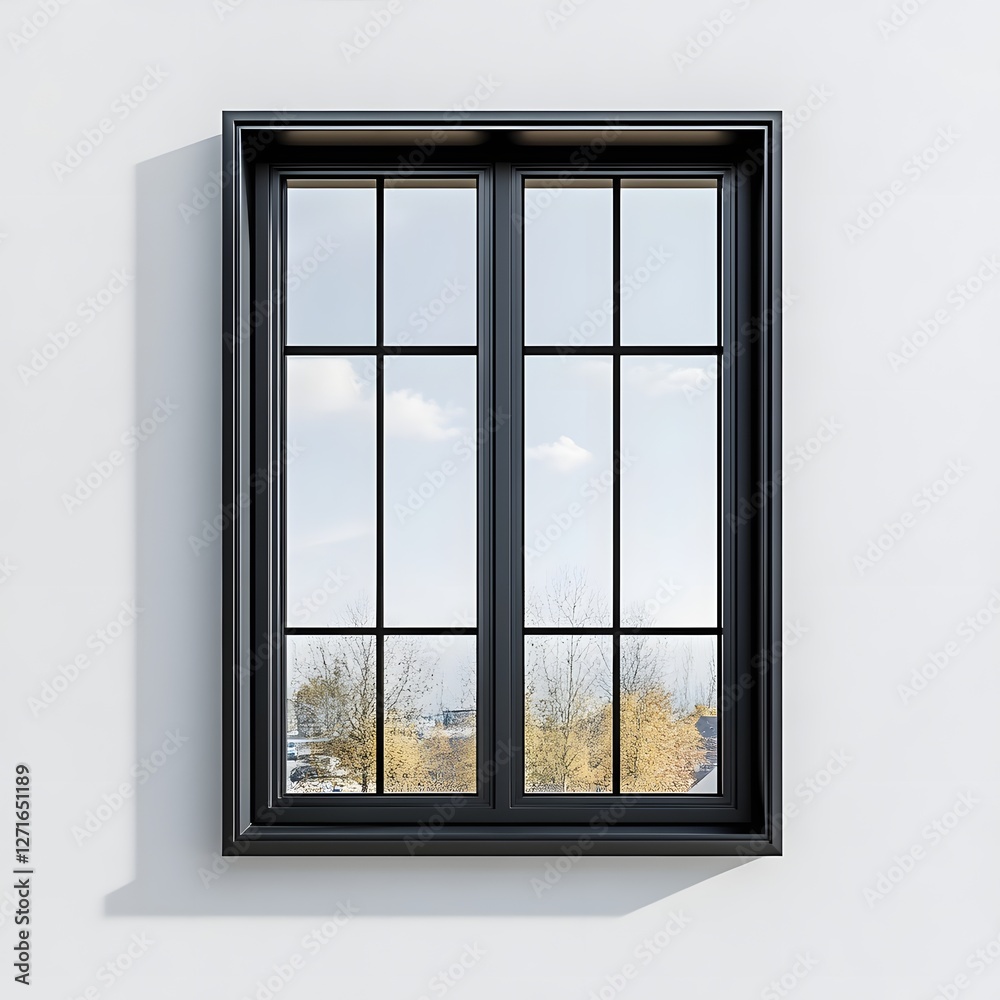 Fototapeta premium 3D Rendering of a Modern Black Frame Window with Glass on a White Background