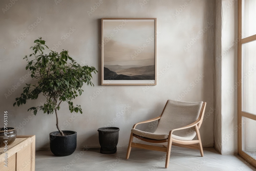 Fototapeta premium Luxurious Scandinavian Living Room Interior with Designer Lounge Chair, Natural Elements and Artistic Wall Decor for Modern Home Styling