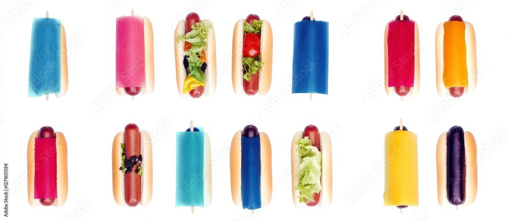Vibrant and Colorful Hot Dogs with Unique Toppings and Condiments Vibrant and Colorful Hot Dogs with Unique Toppings and Condiments