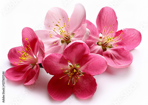Bright pink cherry tree flowers on white isolated background close up