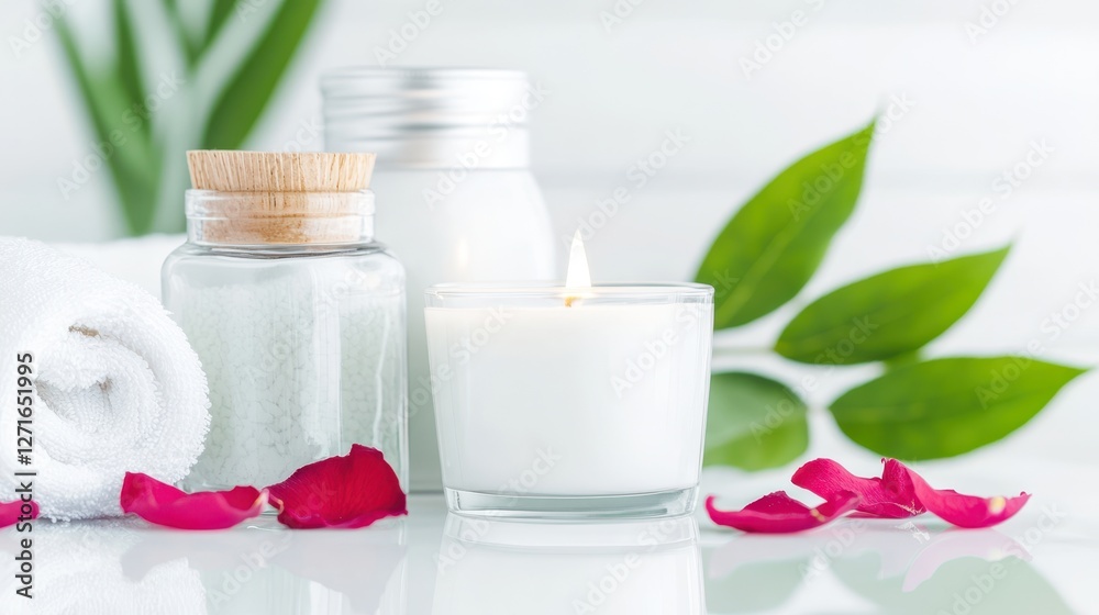 Serene Spa Essentials: A collection of spa essentials featuring a lit candle, rolled towel, skincare products, and scattered rose petals, conveying tranquility and wellness. Serene Spa Essentials: A collection of spa essentials featuring a lit candle, rolled towel, skincare products, and scattered rose petals, conveying tranquility and wellness.
