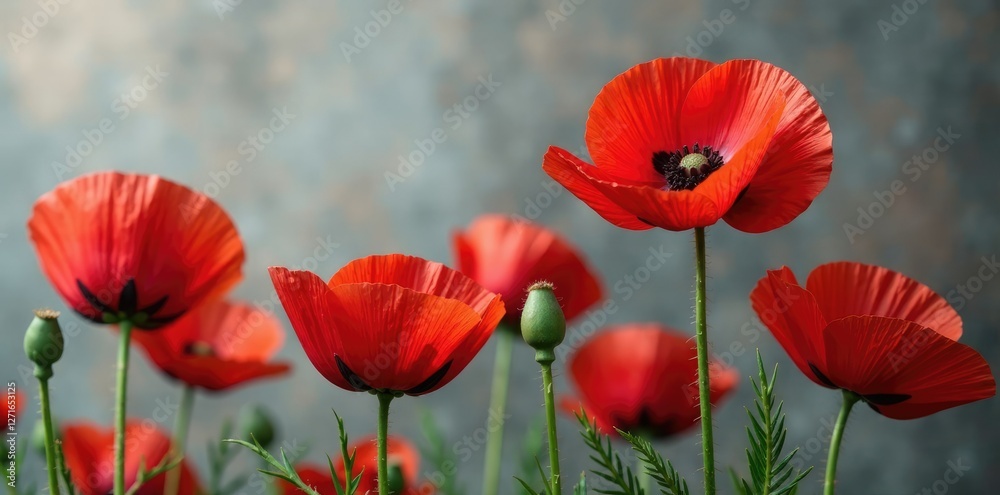 Obraz premium Thick red poppies against muted grey background, poppy texture, still life, red