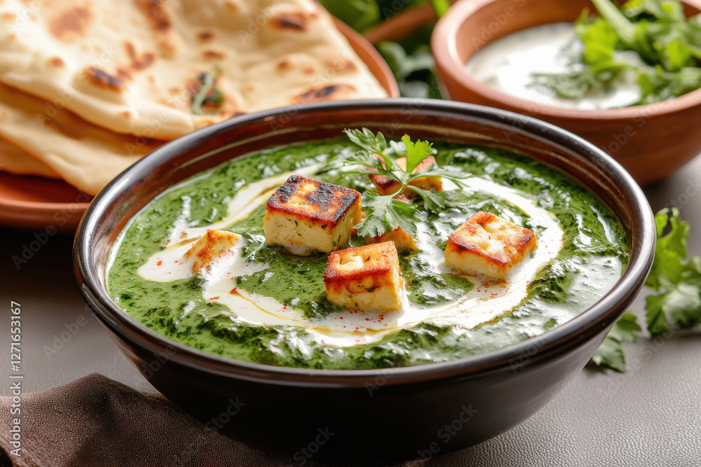 bowl of aromatic palak paneer with soft cubes bowl of aromatic palak paneer with soft cubes