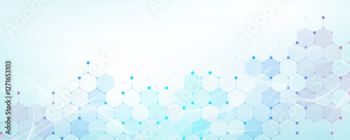 Modern health care or medical background design. Health care innovation concept. Horizontal header web banner. Abstract geometric background with hexagon shapes for medicine, science, chemistry.
