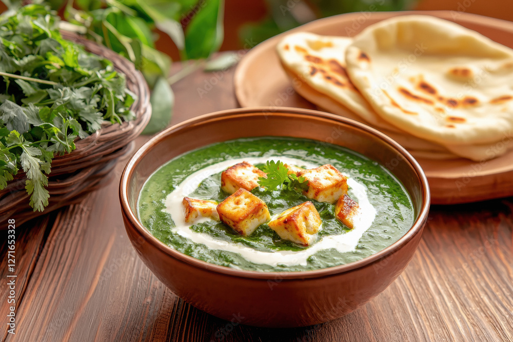 bowl of aromatic palak paneer with soft cubes bowl of aromatic palak paneer with soft cubes