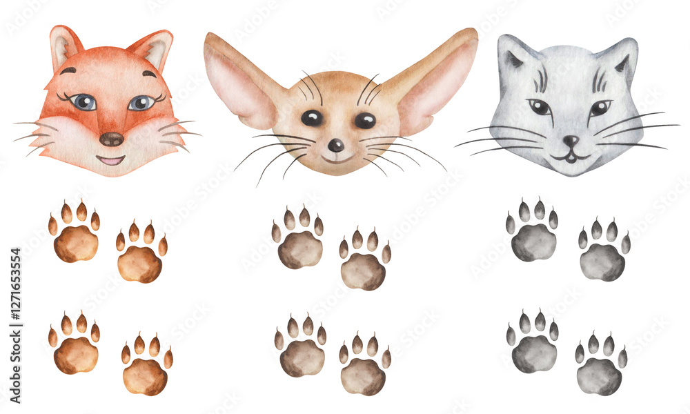 Fototapeta premium Watercolor illustration. Fox set. Hand painted red fox, fennec, white arctic fox with fluffy cheeks. Cute cartoon animal characters. Heads and paws with claws. Isolated clip art