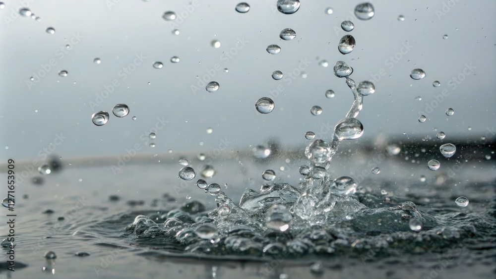 Tiny water droplets suspended in mid-air on a gray background, blurred surroundings, microscopic droplets Tiny water droplets suspended in mid-air on a gray background, blurred surroundings, microscopic droplets