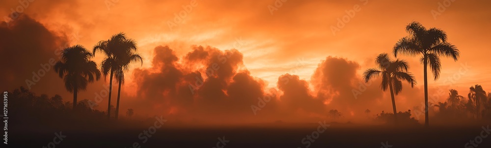 Fototapeta premium Surreal image of an orange sky over a tropical landscape, perfect for artistic or nature-themed projects.