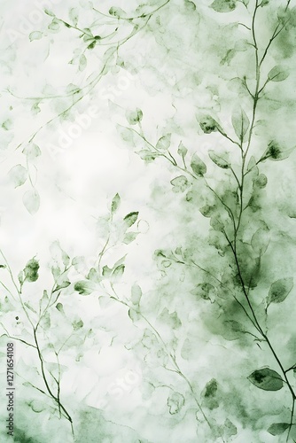Ethereal Watercolor Foliage on Textured Paper with Soft Green Tones