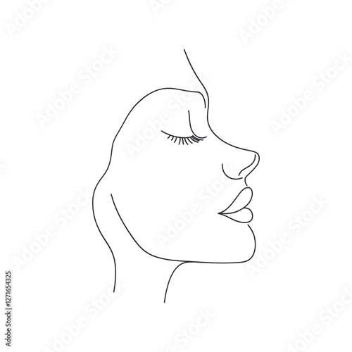 Vector Abstract woman face portrait in minimalistic one line style. Female wall print. Modern model girl sketch template black line square composition  for cosmetology, plastic surgery, rhinoplasty