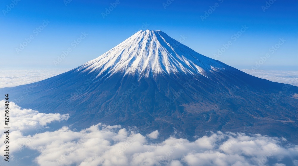 Majestic Mount Fuji: A breathtaking aerial view of Japan's iconic volcano, piercing the clouds under a vibrant blue sky Majestic Mount Fuji: A breathtaking aerial view of Japan's iconic volcano, piercing the clouds under a vibrant blue sky