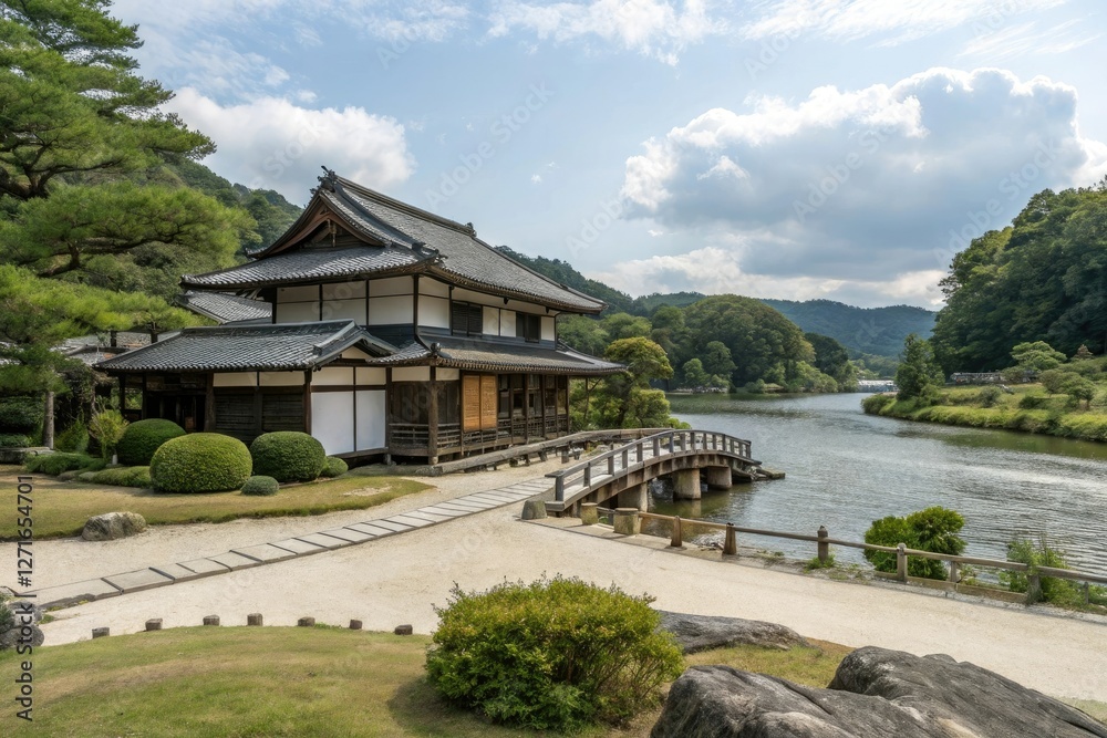 Traditional Japanese House near the River, river, riverbank, landscape, autumn leaves Traditional Japanese House near the River, river, riverbank, landscape, autumn leaves