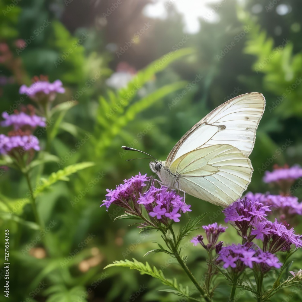 Tranquil scene of a white butterfly resting on a purple vervain flower in a natural garden setting, beautiful wings, natural habitat, outdoor photography, colorful garden palette Tranquil scene of a white butterfly resting on a purple vervain flower in a natural garden setting, beautiful wings, natural habitat, outdoor photography, colorful garden palette