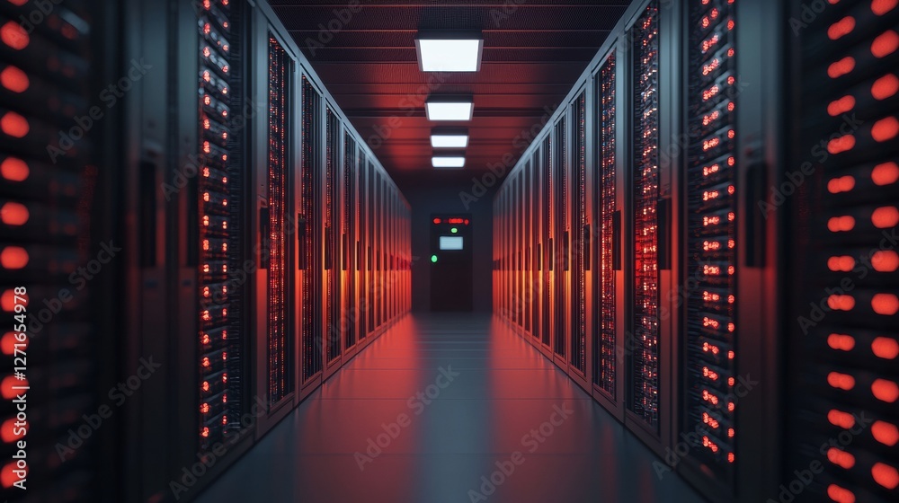 Fototapeta premium Modern Data Center Corridor with Server Racks and Red Neon Lighting for Technology and IT Industry Use