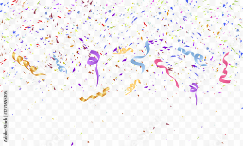 Confetti celebration party background. For the celebration, gorgeous gold confetti zigzags down. Falling shiny golden confetti isolated on transparent background. Banner poster, flyer and background.