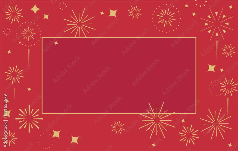 Red background with golden fireworks, frame and sparkles. Space for the text. New Year, party, festival concept. Red background with golden fireworks, frame and sparkles. Space for the text. New Year, party, festival concept.