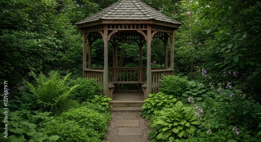 Wooden Gazebo in Lush Garden - Serene garden scene, wooden gazebo nestled amidst vibrant greenery, symbolizing peace, tranquility, nature's beauty, escape, and renewal Wooden Gazebo in Lush Garden - Serene garden scene, wooden gazebo nestled amidst vibrant greenery, symbolizing peace, tranquility, nature's beauty, escape, and renewal