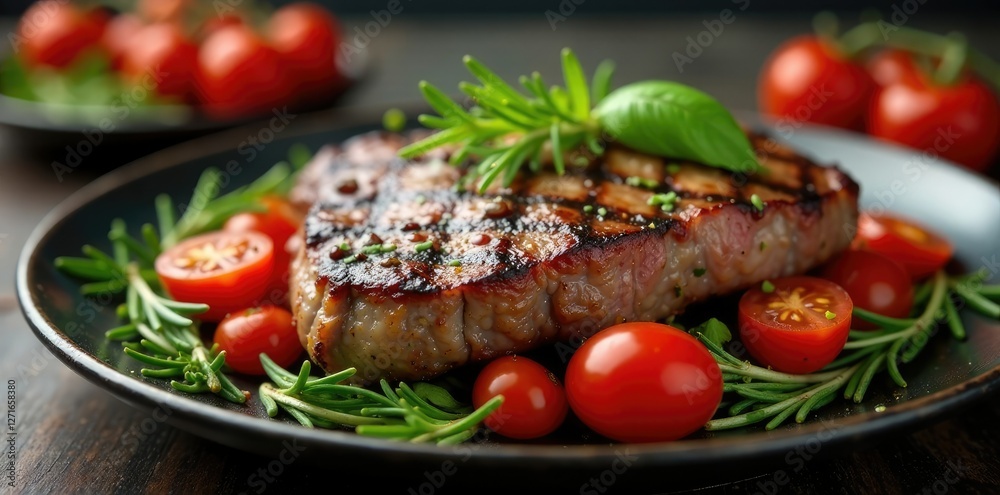 Grilled steak served on a bed of rosemary and cherry tomatoes, grilled, cuisine Grilled steak served on a bed of rosemary and cherry tomatoes, grilled, cuisine