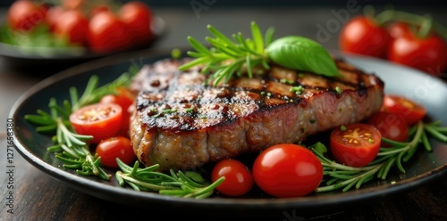 Grilled steak served on a bed of rosemary and cherry tomatoes, grilled, cuisine