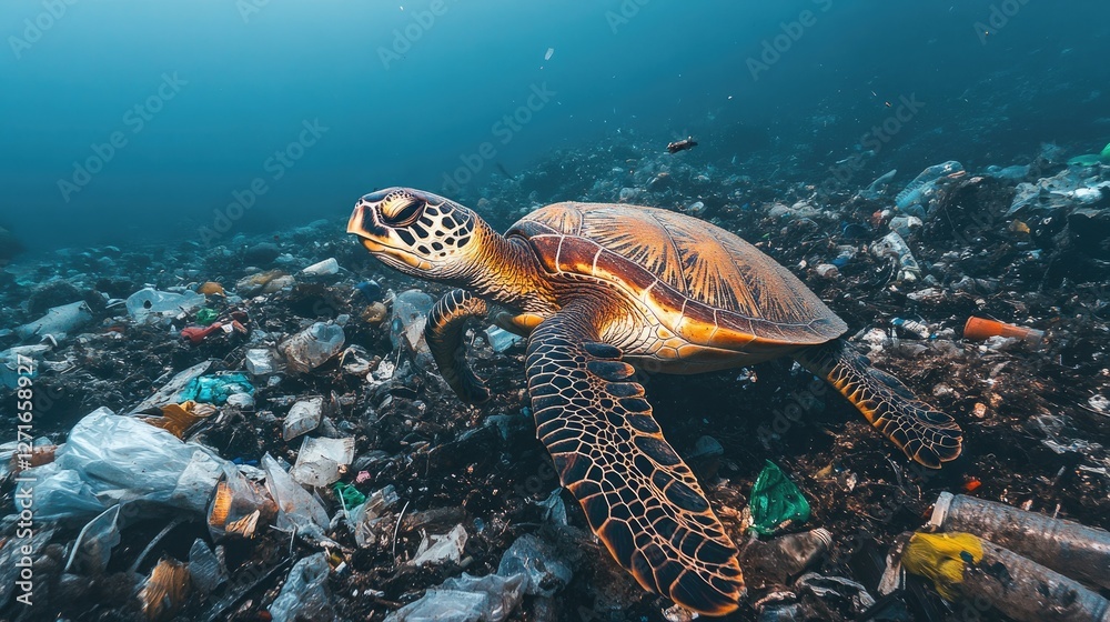 Obraz premium Human impact on marine life A sea turtle struggling to navigate through plastic waste.