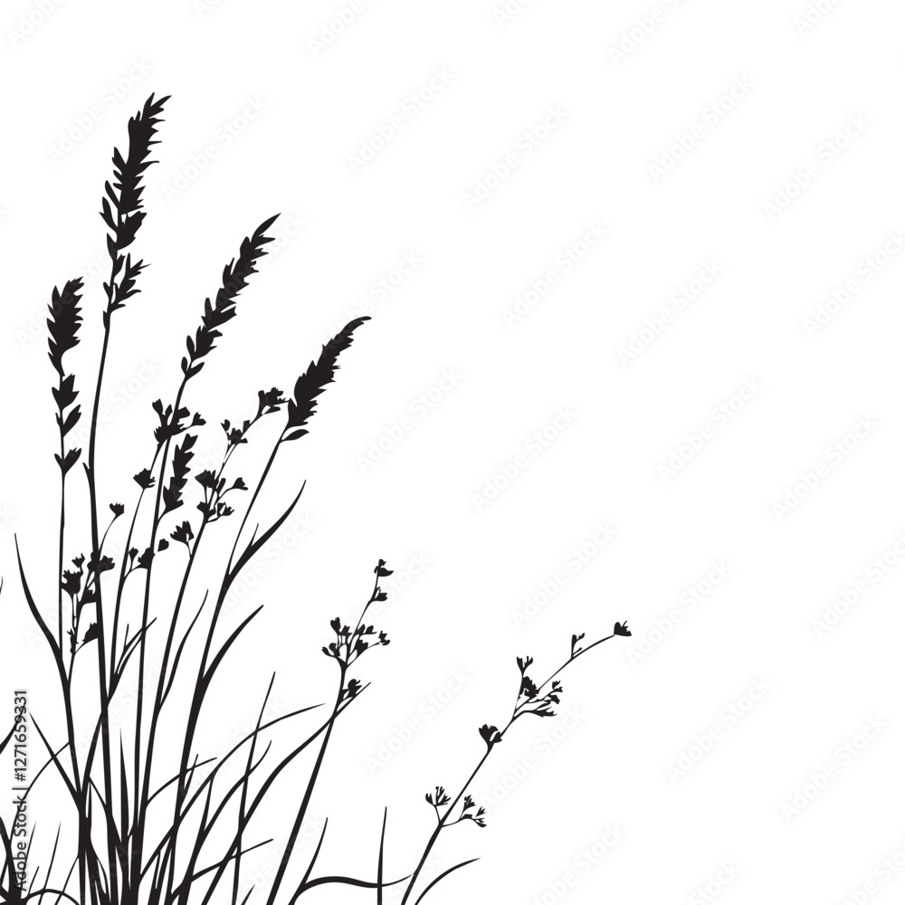 Fototapeta premium Small leaf plant silhouette pattern wallpaper. Black and white. minimal artwork. simple template. tattoo design. card and package. Vector illustration.