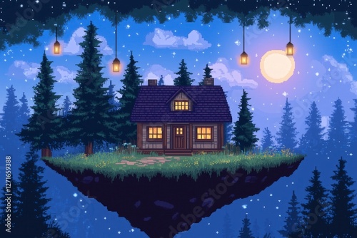 Pixel Art Cozy Floating Cabin Under Starry Night Sky with Magical Lanterns and Moonlight