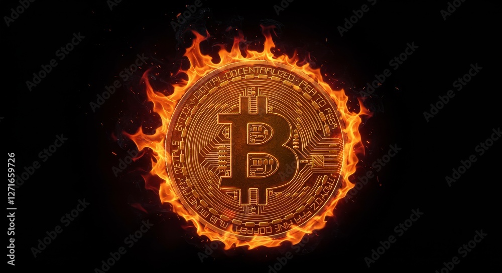 Fototapeta premium Bitcoin Cryptocurrency in Flames - Burning Bitcoin, currency, financial crisis, cryptocurrency crash, volatile market. Symbolizes risk, uncertainty, and the unpredictable nature of assets
