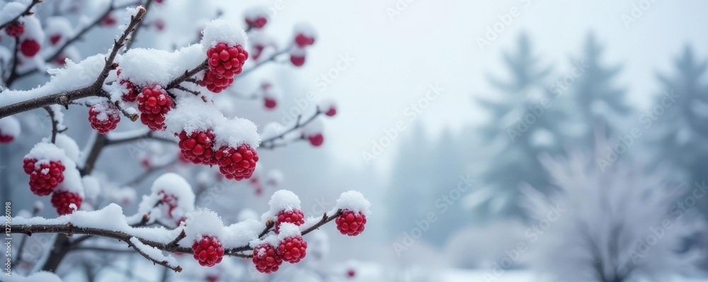 Snow-covered blackberry branches against grey sky, bare trees, frozen Snow-covered blackberry branches against grey sky, bare trees, frozen
