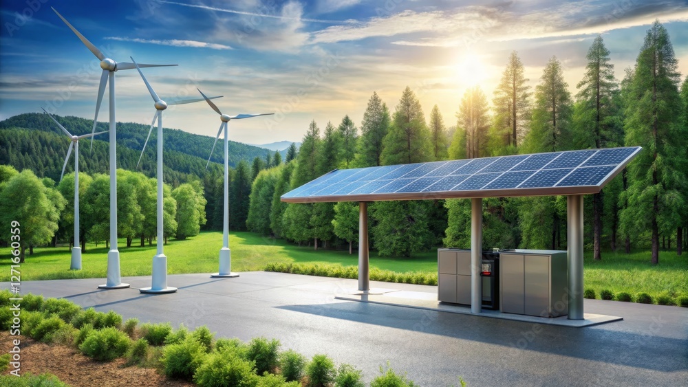 Solar Charging Station Surrounded by Wind Turbines and Green Forest Solar Charging Station Surrounded by Wind Turbines and Green Forest