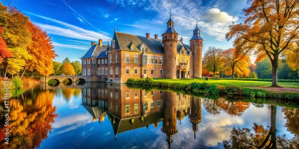 Obraz premium Cannenburgh Castle Vaassen Gelderland Netherlands - Majestic Medieval Fortress in Autumn Landscape