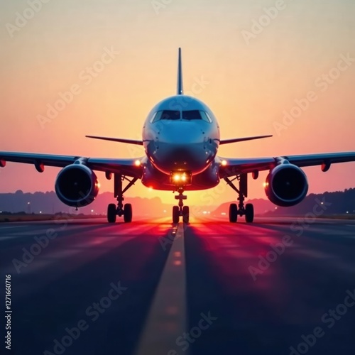 Soft pink and orange lights illuminate the plane's landing gear, aircraft, sunlit runway,