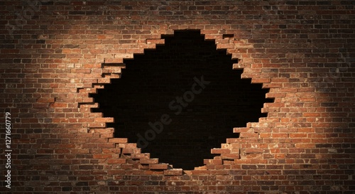 Broken Brick Wall Hole - A large hole in a red brick wall, illuminated by a spotlight, creates a dramatic and textured background photo