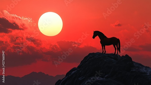 A horse stands atop a mountain, with a red sky and a setting sun in the background. photo