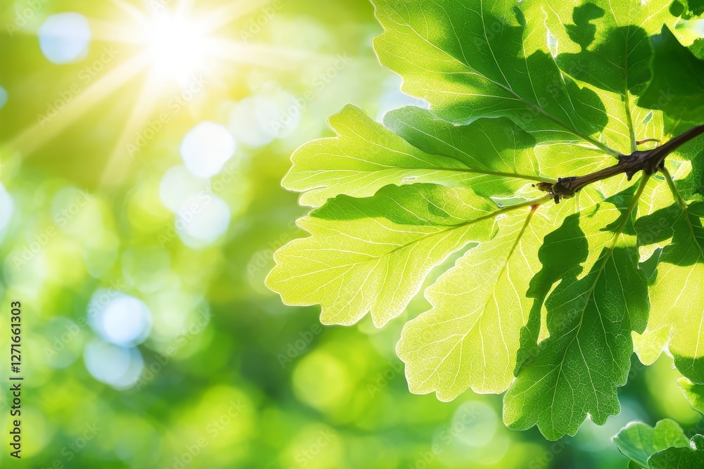 Fresh Green Oak Leaves Backlit by Bright Sunlight in Nature Fresh Green Oak Leaves Backlit by Bright Sunlight in Nature