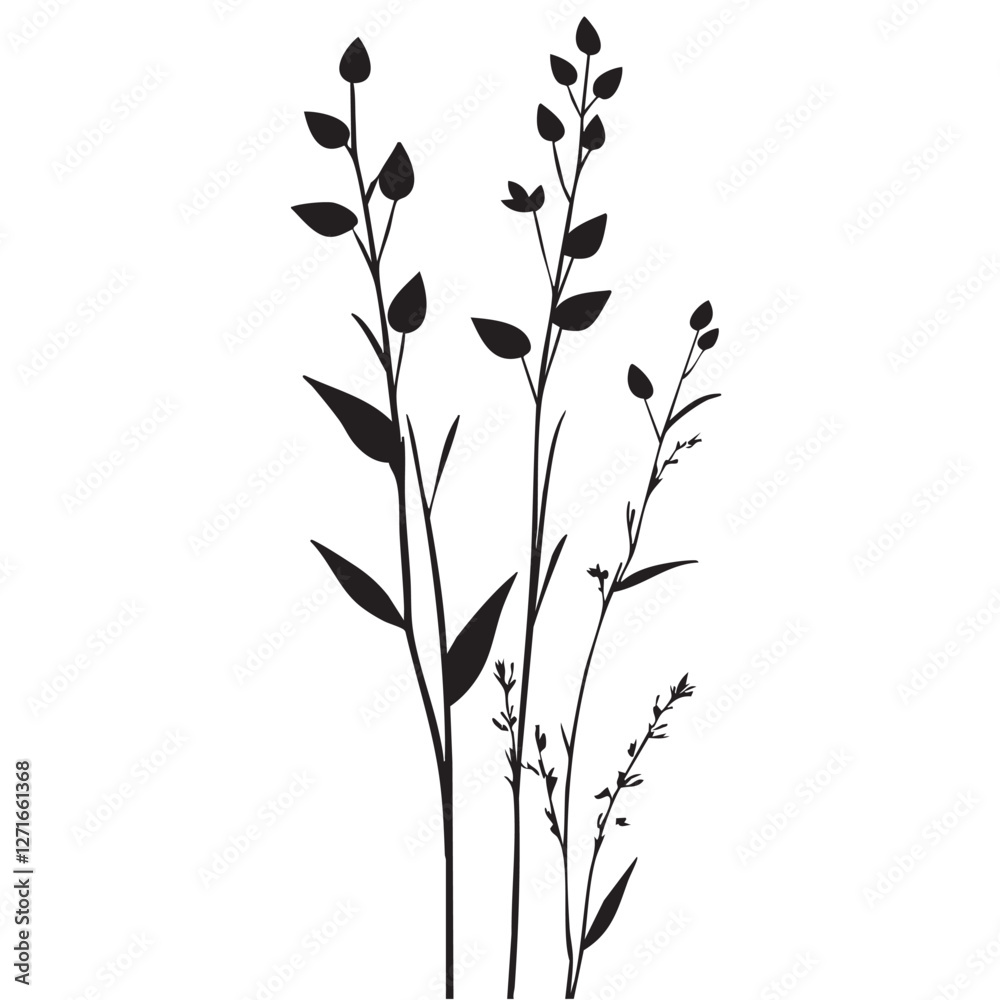 Naklejka premium Small leaf plant silhouette pattern wallpaper. Black and white. minimal artwork. simple template. tattoo design. card and package. Vector illustration.