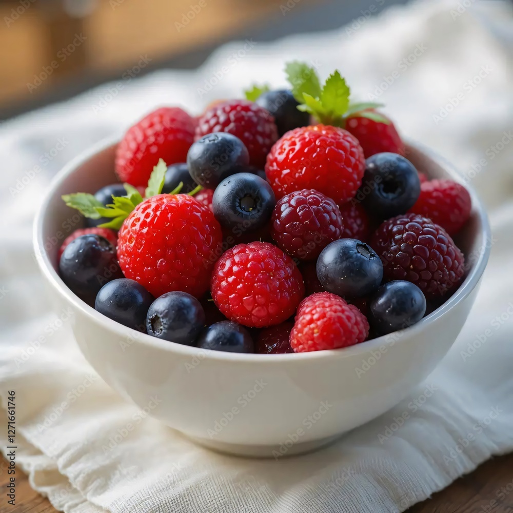 Fresh Berry Medley in a White Bowl on White Cloth with Mint Leaves, berries in a bowl Fresh Berry Medley in a White Bowl on White Cloth with Mint Leaves, berries in a bowl