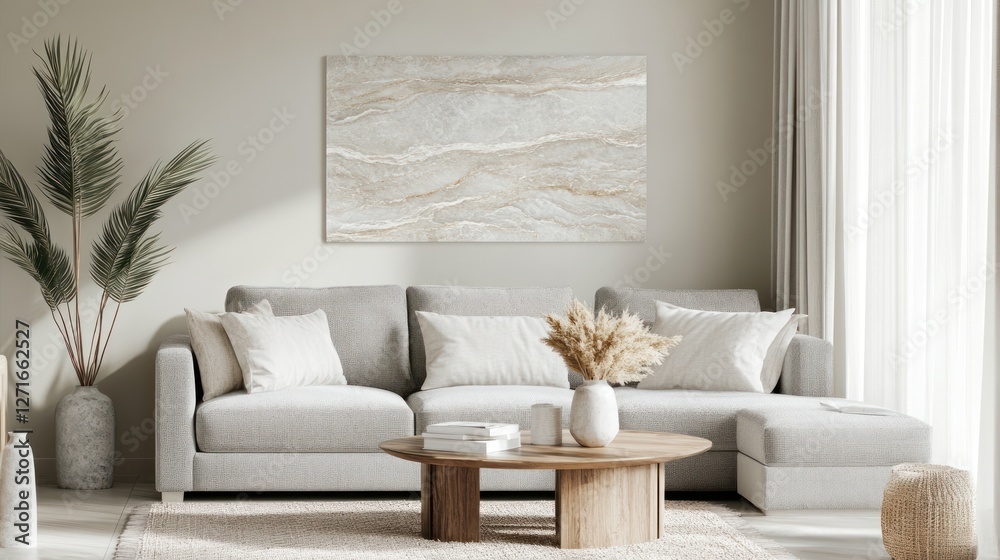 Fototapeta premium Minimalist living room interior with beige sofa, wooden coffee table, pampas grass, and artwork.