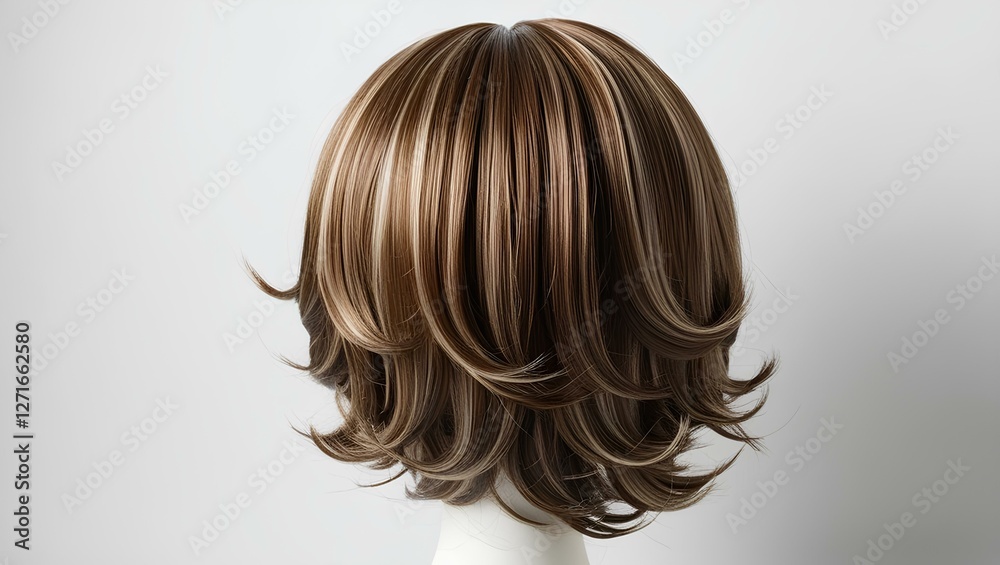 Fototapeta premium Wig Display: A meticulously crafted wig showcases a natural-looking hair style with beautiful highlights, ready to transform appearance.
